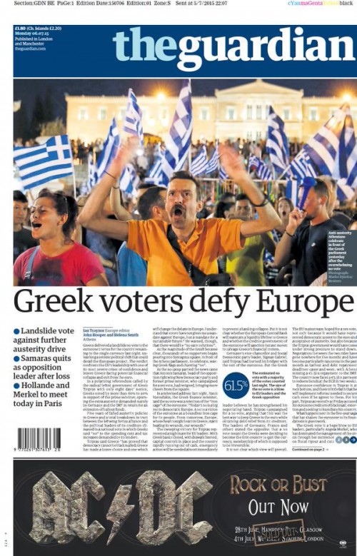 «Οι Έλληνες αψηφούν την Ευρώπη» στο πρωτοσέλιδο της Guardian